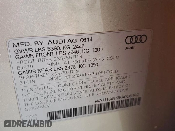 2015 Audi Q5 Premium Plus with VIN WA1LFAFP2FA006482, listed as a Copart auction lot 58830545 with 141,937 mi miles and Salvage title. Bid and sale history available at DreamBid. Image 13.