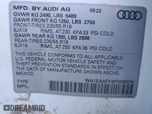 2023 Audi Q5 S line Premium Plus z VIN WA1EAAFY4P2035574, wystawiony jako Copart lot #55351055 z przebiegiem 19 777 mil mil oraz Szkoda całkowita • Salvage title. Historia ofert i sprzedaży dostępna na DreamBid. Obrazek 13.
