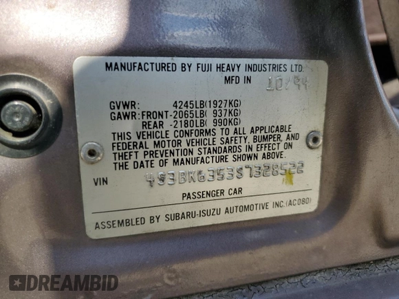 1995 Subaru Legacy L with VIN 4S3BK6353S7328522, listed as a Copart auction lot 71933944 with 60,105 mi miles and Salvage title. Bid and sale history available at DreamBid. Image 14.