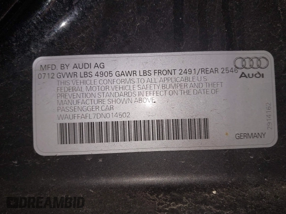 2013 Audi A4 Premium Plus z VIN WAUFFAFL7DN014502, wystawiony jako IAAI lot #41837017 z przebiegiem 88 295 mil mil oraz . Historia ofert i sprzedaży dostępna na DreamBid. Obrazek 9.