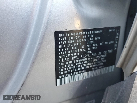2011 Volkswagen Tiguan with VIN WVGCV7AXXBW502013, listed as a Copart auction lot 88782505 with 45,091 mi miles and Salvage Title. Bid and sale history available at DreamBid. Image 14.