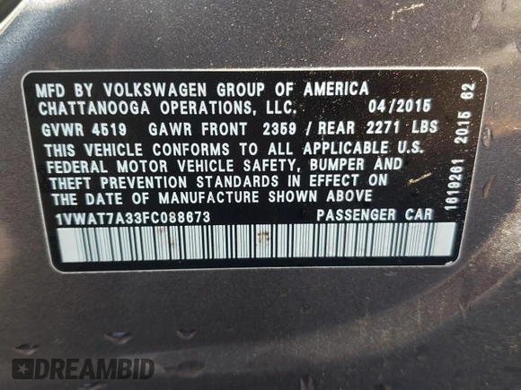 2015 Volkswagen Passat Limited Edition Edition z VIN 1VWAT7A33FC088673, wystawiony jako Copart lot #53455905 z przebiegiem 143 953 mil mil oraz Szkoda całkowita • Salvage title. Historia ofert i sprzedaży dostępna na DreamBid. Obrazek 12.