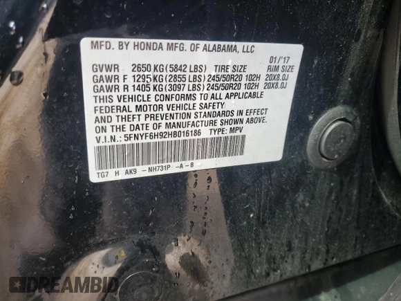 2017 Honda Pilot Touring with VIN 5FNYF6H92HB016186, listed as a Copart auction lot 46577555 with 140,195 mi miles and Salvage title. Bid and sale history available at DreamBid. Image 13.