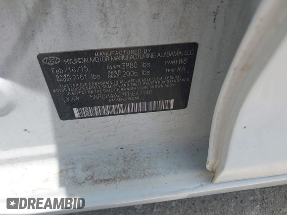 2015 Hyundai Elantra SE with VIN 5NPDH4AE7FH647146, listed as a IAAI auction lot 42776953 with 149,409 mi miles and . Bid and sale history available at DreamBid. Image 9.