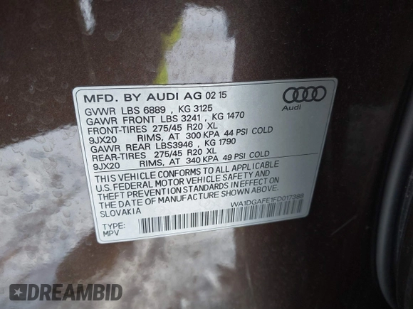 2015 Audi Q7 3.0T S line Prestige with VIN WA1DGAFE1FD017388, listed as a IAAI auction lot 41619900 with 122,420 mi miles. Bid and sale history available at carsss.com. Image 9.