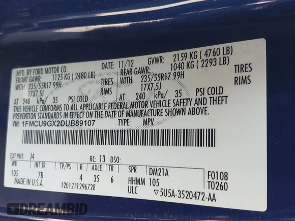 2013 Ford Escape SE with VIN 1FMCU9GX2DUB89107, listed as a IAAI auction lot 42239478 with Not Provided miles and . Bid and sale history available at DreamBid. Image 9.