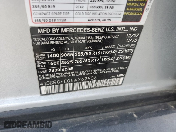 2008 Mercedes-Benz M 350 с VIN 4JGBB86E08A362836, выставлен на аукционе Copart как лот 56722785 с пробегом 212 073 миль миль и Чистый • Clean title. История ставок и продаж доступна на DreamBid. Изображение 13.