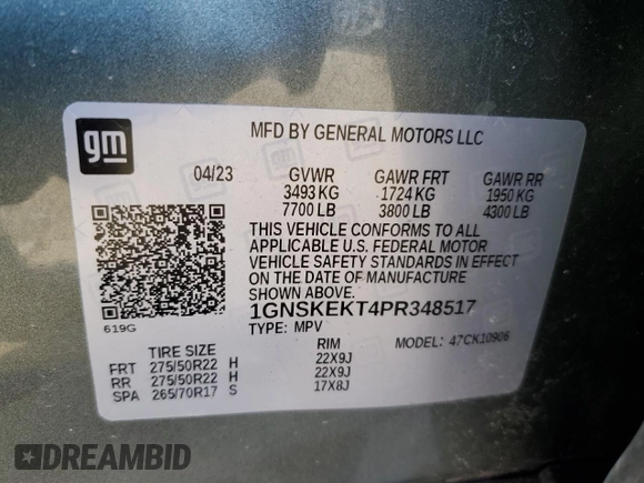 2023 Chevrolet Suburban RST with VIN 1GNSKEKT4PR348517, listed as a Copart auction lot 47583295 with 40,813 mi miles and Clean title. Bid and sale history available at DreamBid. Image 13.