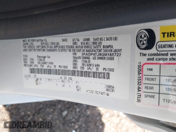 2016 Ford Fiesta S with VIN 3FADP4TJ9GM185722, listed as a IAAI auction lot 42436083 with 69,256 mi miles and . Bid and sale history available at DreamBid. Image 9.