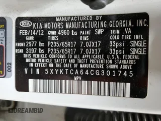 2012 Kia Sorento LX with VIN 5XYKTCA64CG301745, listed as a Copart auction lot 82380944 with 131,528 mi miles and Clean Title. Bid and sale history available at DreamBid. Image 13.