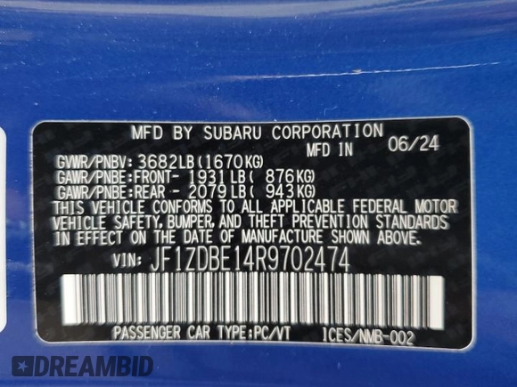 2024 Subaru BRZ Limited with VIN JF1ZDBE14R9702474, listed as a Copart auction lot 80801524 with 4,548 mi miles and Salvage title. Bid and sale history available at DreamBid. Image 14.