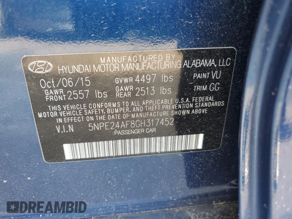 2016 Hyundai Sonata SE с VIN 5NPE24AF8GH317452, выставлен на аукционе Copart как лот 60653965 с пробегом 78 558 миль миль и Списание • Salvage title. История ставок и продаж доступна на DreamBid. Изображение 12.
