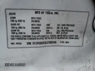 2020 Tesla Model Y Long Range with VIN 5YJYGDEE8LF008346, listed as a Copart auction lot 52863725 with 60,378 mi miles and Salvage Title. Bid and sale history available at DreamBid. Image 15.