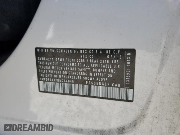 2013 Volkswagen Jetta SE with VIN 3VWDP7AJ7DM284045, listed as a Copart auction lot 52328525 with Not provided miles and Salvage title. Bid and sale history available at DreamBid. Image 12.