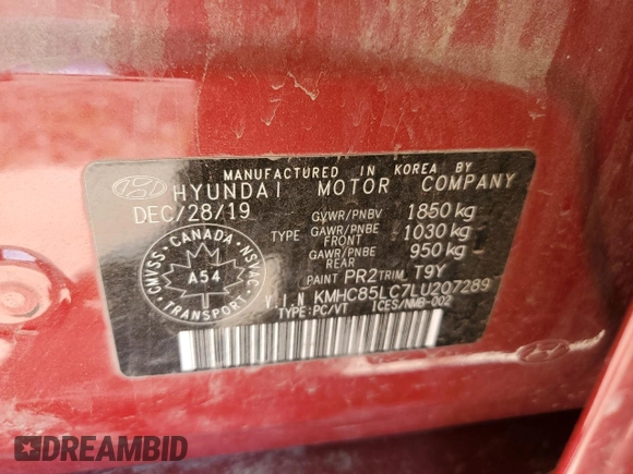 2020 Hyundai Ioniq Preferred with VIN KMHC85LC7LU207289, listed as a Copart auction lot 52905835 with 69,987 mi miles and Salvage Title. Bid and sale history available at DreamBid. Image 12.