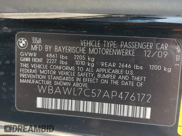 2010 BMW 3 Series 335i with VIN WBAWL7C57AP476172, listed as a Copart auction lot 72862974 with 160,678 mi miles and Clean Title. Bid and sale history available at carsss.com. Image 12.