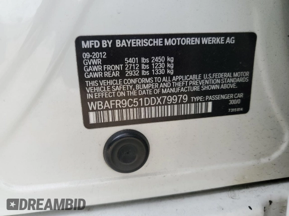 2013 BMW 5 Series 550i with VIN WBAFR9C51DDX79979, listed as a Copart auction lot 49821645 with 170,080 mi miles and Salvage Title. Bid and sale history available at DreamBid. Image 14.