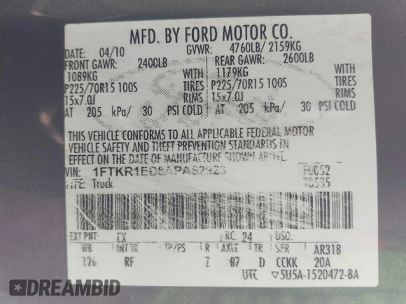 2010 Ford Ranger XL with VIN 1FTKR1ED8APA52923, listed as a IAAI auction lot 41505080 with 152,775 mi miles and . Bid and sale history available at DreamBid. Image 9.