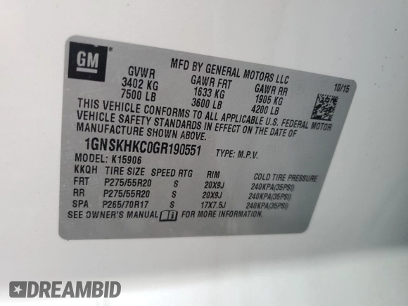 2016 Chevrolet Suburban LT z VIN 1GNSKHKC0GR190551, wystawiony jako Copart lot #43362105 z przebiegiem Nie podano mil oraz Szkoda całkowita • Salvage title. Historia ofert i sprzedaży dostępna na DreamBid. Obrazek 13.