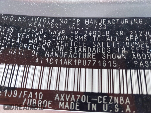 2023 Toyota Camry LE z VIN 4T1C11AK1PU771615, wystawiony jako IAAI lot #41679085 z przebiegiem 20 230 mil mil oraz . Historia ofert i sprzedaży dostępna na DreamBid. Obrazek 9.