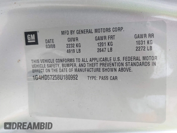 2008 Buick Lucerne CXL with VIN 1G4HD57258U180992, listed as a IAAI auction lot 41938534 with 85,969 mi miles and . Bid and sale history available at DreamBid. Image 9.