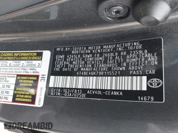 2009 Toyota Camry with VIN 4T4BE46K79R115521, listed as a IAAI auction lot 41849884 with 244,280 mi miles and . Bid and sale history available at DreamBid. Image 9.