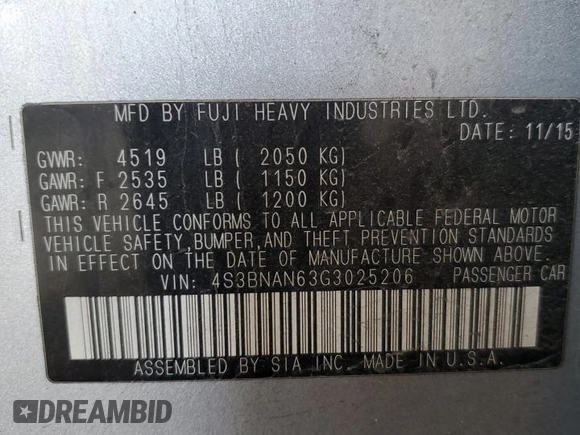 2016 Subaru Legacy Limited with VIN 4S3BNAN63G3025206, listed as a Copart auction lot 61668595 with 114,313 mi miles and Salvage title. Bid and sale history available at DreamBid. Image 12.