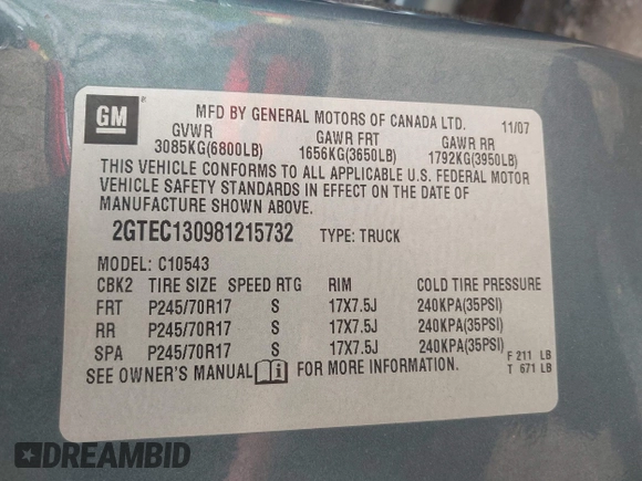 2008 GMC Sierra 1500 SLE1 z VIN 2GTEC130981215732, wystawiony jako IAAI lot #42148199 z przebiegiem 199 218 mil mil oraz . Historia ofert i sprzedaży dostępna na DreamBid. Obrazek 9.