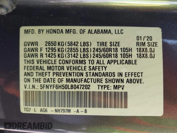 2020 Honda Pilot EX-L z VIN 5FNYF6H50LB047202, wystawiony jako IAAI lot #42117776 z przebiegiem 119 726 mil mil oraz . Historia ofert i sprzedaży dostępna na DreamBid. Obrazek 9.