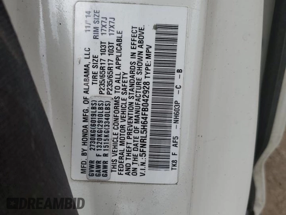 2015 Honda Odyssey EX-L z VIN 5FNRL5H64FB042928, wystawiony jako Copart lot #47120355 z przebiegiem Nie podano mil oraz Szkoda całkowita • Salvage title. Historia ofert i sprzedaży dostępna na DreamBid. Obrazek 13.