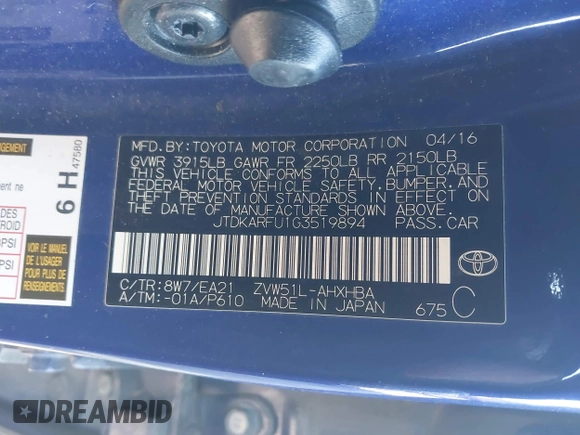 2016 Toyota Prius Four z VIN JTDKARFU1G3519894, wystawiony jako IAAI lot #41430417 z przebiegiem 131 693 mil mil oraz . Historia ofert i sprzedaży dostępna na DreamBid. Obrazek 9.
