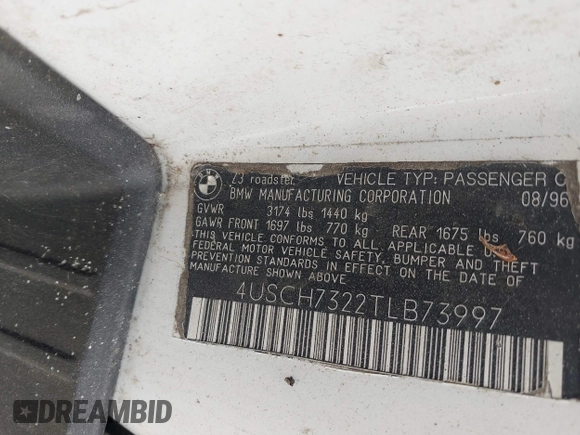 1996 BMW 3 Series Z3 1.9 z VIN 4USCH7322TLB73997, wystawiony jako IAAI lot #41778288 z przebiegiem Nie podano mil oraz . Historia ofert i sprzedaży dostępna na DreamBid. Obrazek 9.