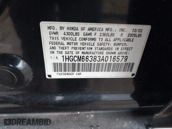 2003 Honda Accord LX with VIN 1HGCM66383A016579, listed as a IAAI auction lot 41645618 with Not provided miles and . Bid and sale history available at DreamBid. Image 9.