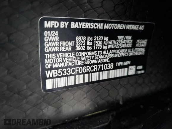 2024 BMW iX M60 z VIN WB533CF06RCR71038, wystawiony jako Copart lot #47573025 z przebiegiem Nie podano mil oraz Szkoda całkowita • Salvage title. Historia ofert i sprzedaży dostępna na DreamBid. Obrazek 13.