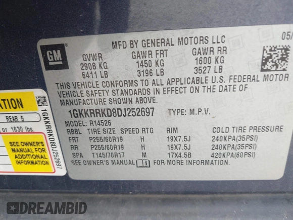 2013 GMC Acadia SLT with VIN 1GKKRRKD8DJ252697, listed as a IAAI auction lot 42141345 with 129,540 mi miles and . Bid and sale history available at carsss.com. Image 9.