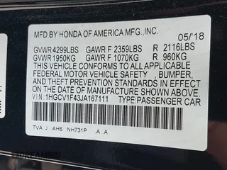 2018 Honda Accord EX with VIN 1HGCV1F43JA167111, listed as a IAAI auction lot 42265049 with 92,482 mi miles and . Bid and sale history available at DreamBid. Image 9.