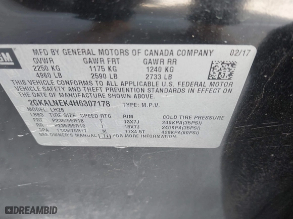 2017 GMC Terrain SLE with VIN 2GKALNEK4H6307178, listed as a IAAI auction lot 41712567 with 98,899 mi miles. Bid and sale history available at carsss.com. Image 9.