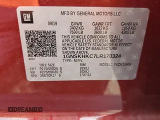 2020 Chevrolet Suburban LT z VIN 1GNSKHKC7LR170324, wystawiony jako Copart lot #55577325 z przebiegiem 82 602 mil mil oraz Nie do naprawy • Non repairable. Historia ofert i sprzedaży dostępna na DreamBid. Obrazek 14.