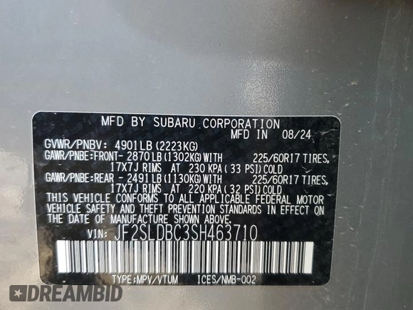 2025 Subaru Forester Premium with VIN JF2SLDBC3SH463710, listed as a Copart auction lot 61829635 with 13,091 mi miles and Salvage title. Bid and sale history available at DreamBid. Image 12.