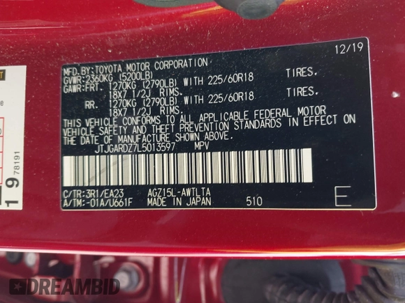 2020 Lexus NX 300 with VIN JTJGARDZ7L5013597, listed as a IAAI auction lot 42286012 with 31,208 mi miles and . Bid and sale history available at DreamBid. Image 9.