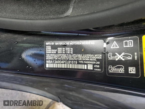 2023 BMW 4 Series M440i xDrive with VIN WBA13AR04PCL81619, listed as a Copart auction lot 70649904 with Not Provided miles and Salvage Title. Bid and sale history available at DreamBid. Image 12.