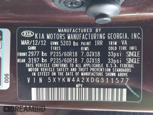 2013 Kia Sorento SX z VIN 5XYKW4A2XDG311577, wystawiony jako IAAI lot #42210698 z przebiegiem 152 599 mil mil oraz . Historia ofert i sprzedaży dostępna na DreamBid. Obrazek 9.