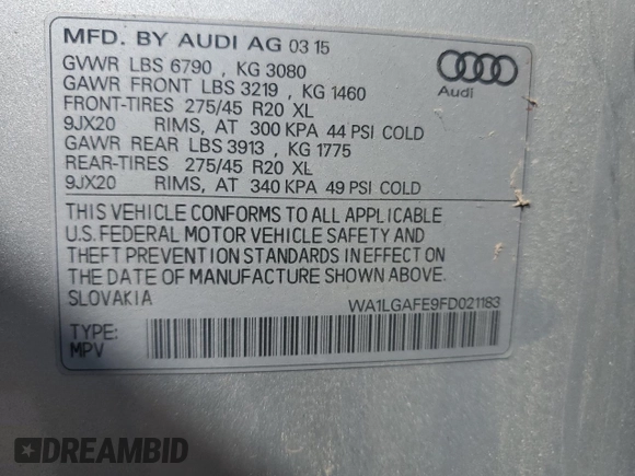 2015 Audi Q7 Premium Plus with VIN WA1LGAFE9FD021183, listed as a Copart auction lot 63902315 with 157,950 mi miles and Clean title. Bid and sale history available at DreamBid. Image 13.