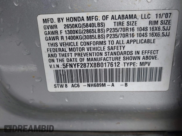 2008 Honda Pilot EX-L with VIN 5FNYF287X8B017612, listed as a IAAI auction lot 41491138 with 315,287 mi miles and . Bid and sale history available at DreamBid. Image 9.