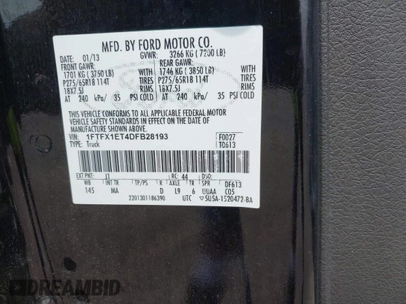 2013 Ford F-150 XL with VIN 1FTFX1ET4DFB28193, listed as a IAAI auction lot 42508120 with 81,930 mi miles and . Bid and sale history available at DreamBid. Image 9.