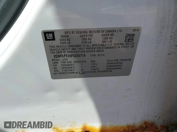 2015 Chevrolet Equinox LT with VIN 2GNFLFE36F6239714, listed as a IAAI auction lot 41995963 with 179,870 mi miles and . Bid and sale history available at DreamBid. Image 9.