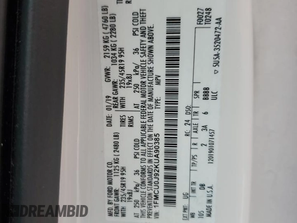2019 Ford Escape Titanium with VIN 1FMCU0J92KUA90385, listed as a Copart auction lot 44818635 with 54,171 mi miles and Non repairable. Bid and sale history available at DreamBid. Image 13.