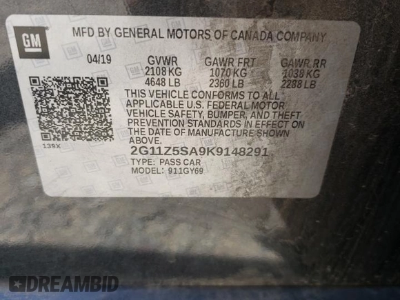 2019 Chevrolet Impala LT with VIN 2G11Z5SA9K9148291, listed as a Copart auction lot 55526175 with 126,687 mi miles and Clean Title. Bid and sale history available at DreamBid. Image 12.