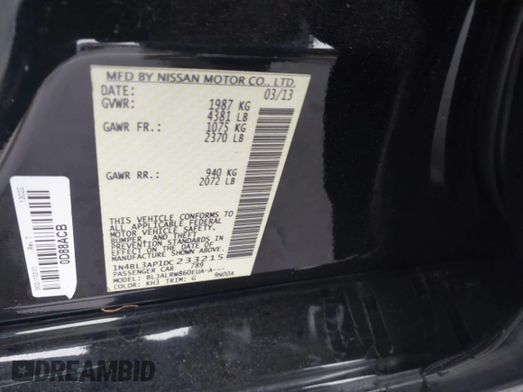 2013 Nissan Altima SV with VIN 1N4BL3AP1DC233215, listed as a IAAI auction lot 41770839 with Not Provided miles and . Bid and sale history available at DreamBid. Image 9.