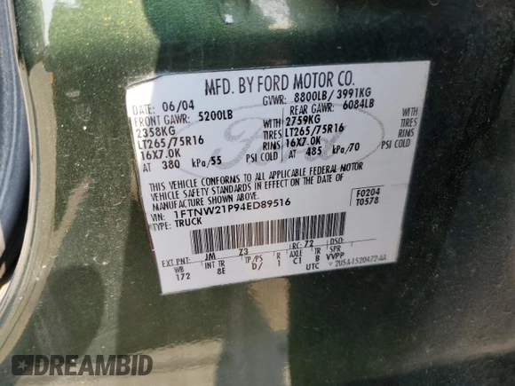 2004 Ford Super Duty F-250 XL with VIN 1FTNW21P94ED89516, listed as a Copart auction lot 70998904 with 351,625 mi miles and Salvage Title. Bid and sale history available at carsss.com. Image 14.